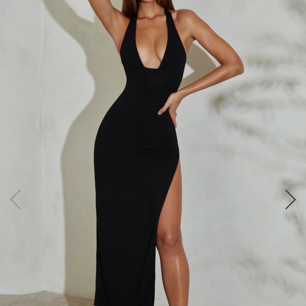 Oh Polly Black Backless Halter Maxi Dress with Thigh Slit